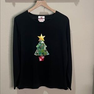 Vintage Quacker Factory Sweater Christmas Tree Quilted Patchwork Beaded Black